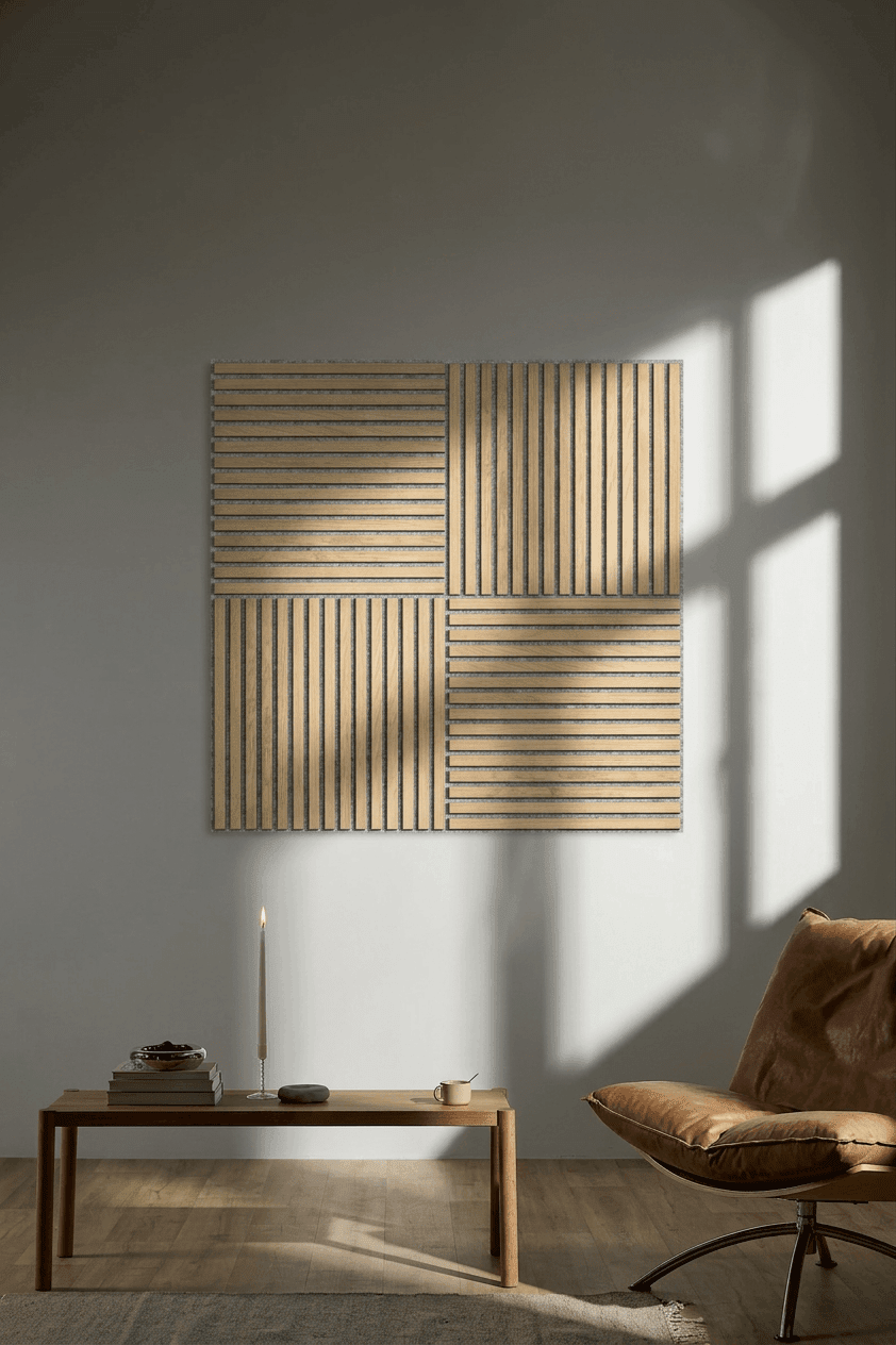 Minimalist living room featuring a tan lounge chair, wooden table, candle, and WoodUpp Akupixel acoustic wood panel in classic oak. Sunlight casts shadows.